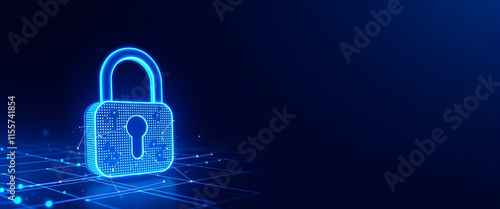 Digital Padlock icon Cyber security technology , Line and Triangle with a Network of Points ,Padlock icon Cyber security technology , Lines, Triangles, copy space