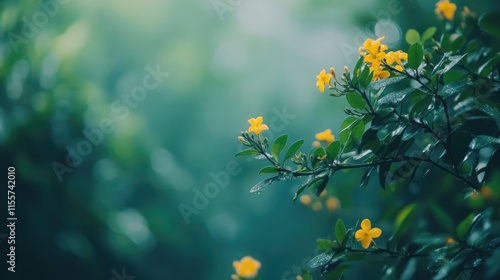 Fototapeta Naklejka Na Ścianę i Meble -  Serene nature background with delicate yellow flowers and lush green foliage in soft focus for tranquil outdoor settings