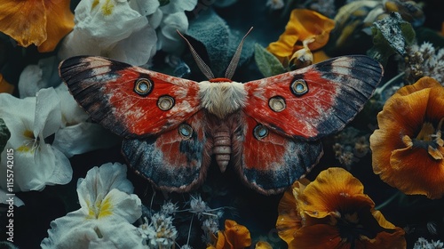 Vibrant red moth resting on a colorful flower bed showcasing nature's intricate beauty and diversity in a close-up view.