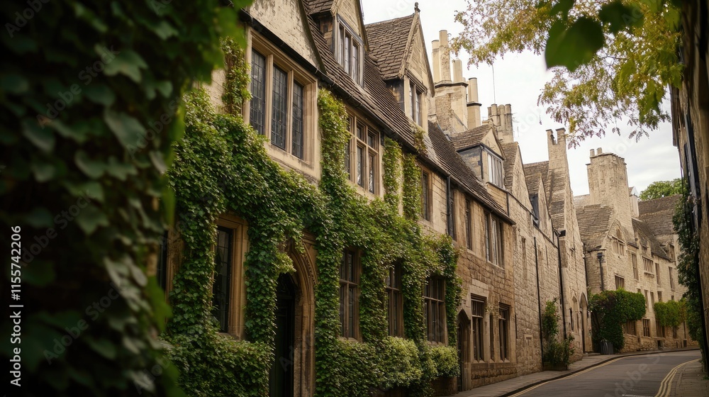 Fototapeta premium Charming residential houses adorned with ivy line the scenic Cathedral Close street near the historic cathedral area.
