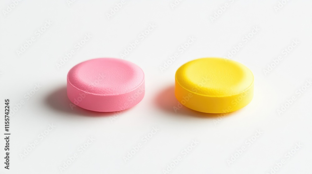 Vibrant yellow and pink tablets displayed on a clean white background showcasing pharmaceutical and wellness themes. Vibrant yellow and pink tablets displayed on a clean white background showcasing pharmaceutical and wellness themes.