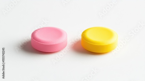 Vibrant yellow and pink tablets displayed on a clean white background showcasing pharmaceutical and wellness themes.