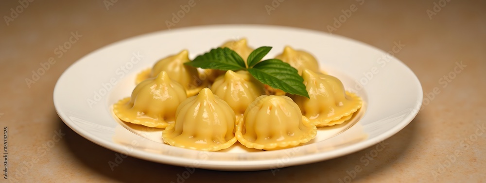Steamed dumplings on white plate with green garnish Steamed dumplings on white plate with green garnish