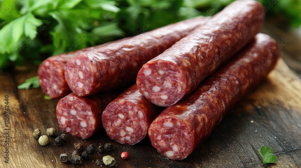 Savory cured sausage on a wooden board surrounded by fresh herbs and spices ideal for restaurant menus and culinary promotions Savory cured sausage on a wooden board surrounded by fresh herbs and spices ideal for restaurant menus and culinary promotions