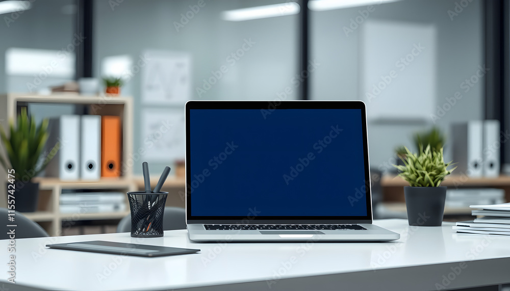 Mock up laptop on desk in office, clipart style. isolated with white shades Mock up laptop on desk in office, clipart style. isolated with white shades