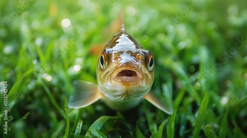 Freshwater fish from the Cyprinidae family resting on vibrant green grass with a clear focus on its detailed features and expression. photo