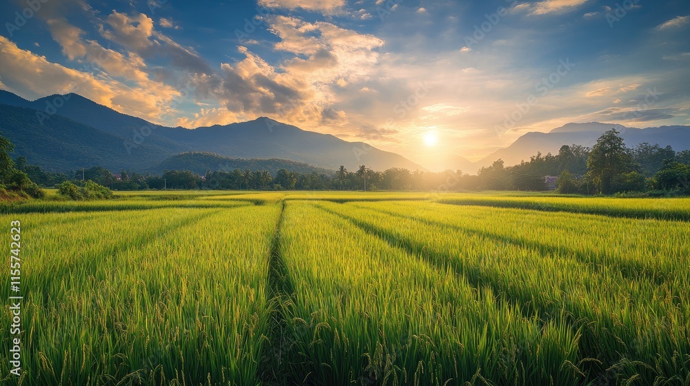 Lush green rice fields under a vibrant sunset with mountains in the background showcasing agricultural beauty and serenity Lush green rice fields under a vibrant sunset with mountains in the background showcasing agricultural beauty and serenity