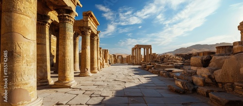 Ancient ruins showcasing majestic columns under a bright blue sky with wispy clouds in a historic archaeological site. photo