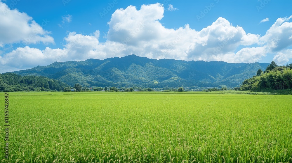Lush green rice fields with vibrant mountains and a clear blue sky creating a picturesque rural landscape in a serene valley setting. Lush green rice fields with vibrant mountains and a clear blue sky creating a picturesque rural landscape in a serene valley setting.