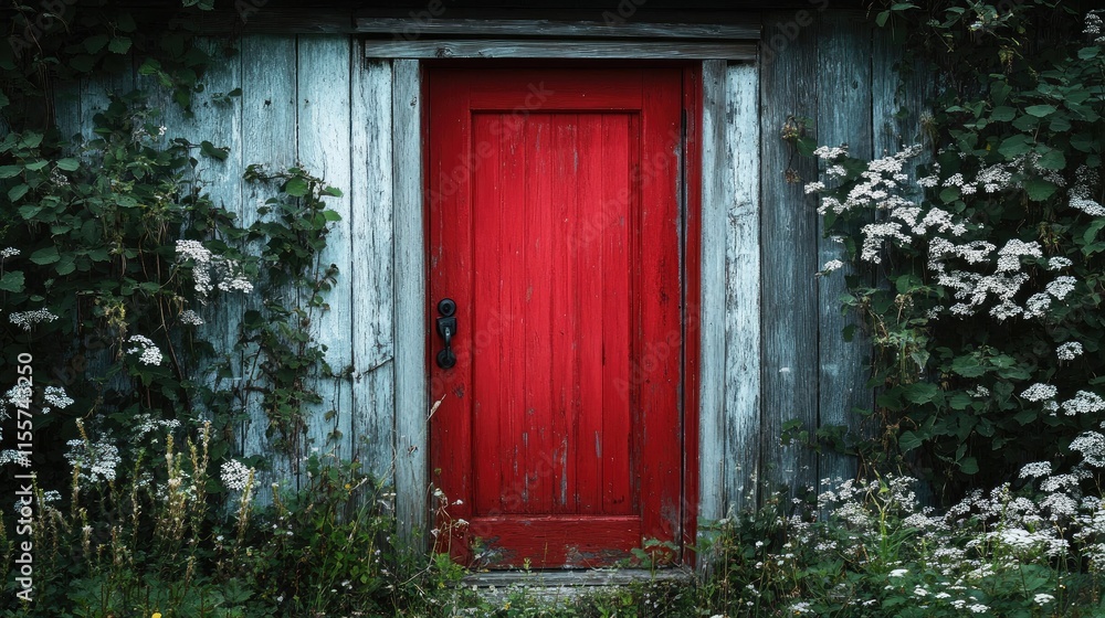 Red door inviting nature's beauty with wildflowers and rustic charm in a serene outdoor setting. Perfect for themes of exploration and welcome. Red door inviting nature's beauty with wildflowers and rustic charm in a serene outdoor setting. Perfect for themes of exploration and welcome.