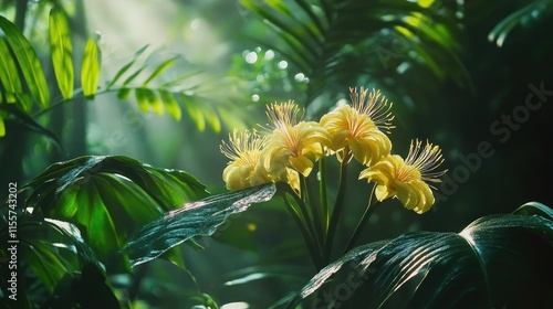 Tacca chantrieri blooming among lush foliage in a vibrant botanical garden showcasing exotic tropical flowers. photo