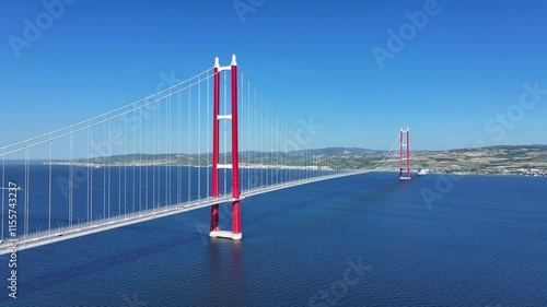 1915 Canakkale Bridge, Turkey, clear day drone footage, oe01
