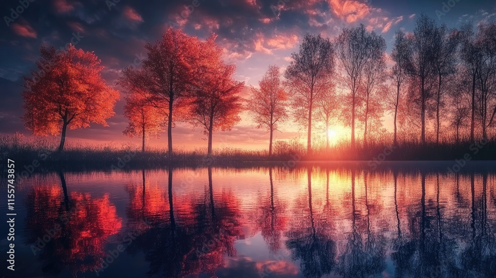 Serene autumn landscape with vibrant tree reflections on tranquil water at sunset under a dreamy sky Serene autumn landscape with vibrant tree reflections on tranquil water at sunset under a dreamy sky