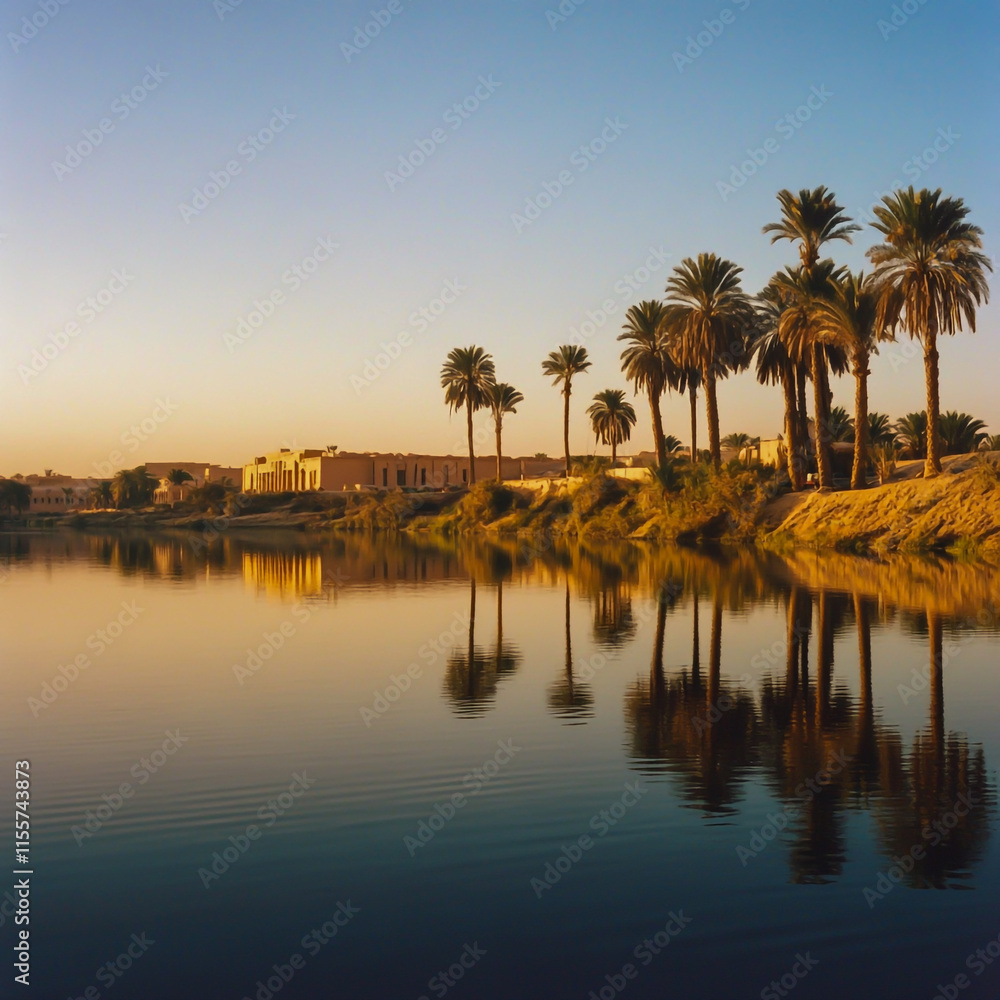 Obraz premium A photograph of water and palm trees reflecting in calm waters, a desert landscape of the Golden Age,