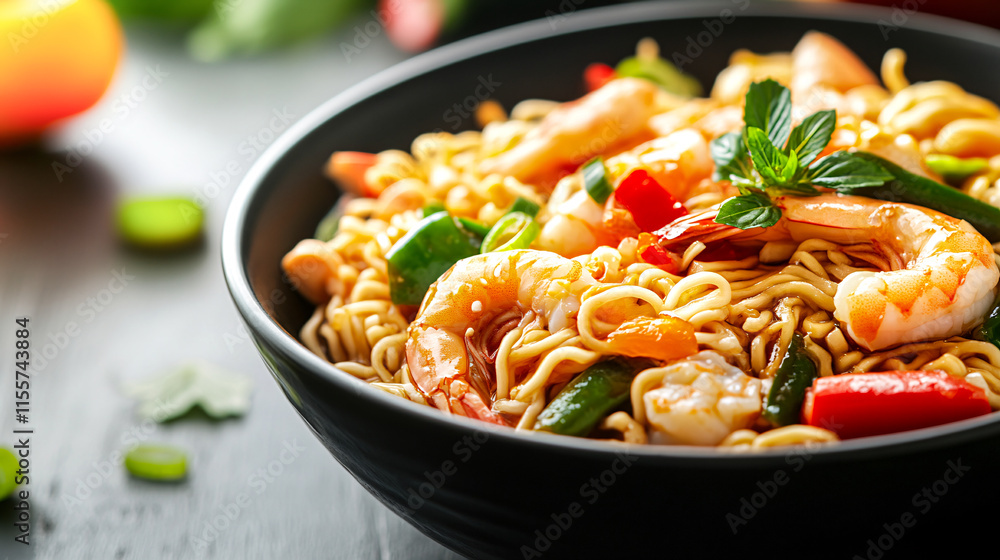 Close-up 3D image of a bowl of seafood-flavored instant noodles. Close-up 3D image of a bowl of seafood-flavored instant noodles.