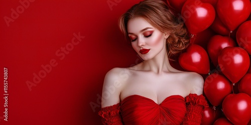 Red Dress Woman Heart Balloons Valentine s Day Romantic Love Beauty Fashion Sensual Elegant Red photo