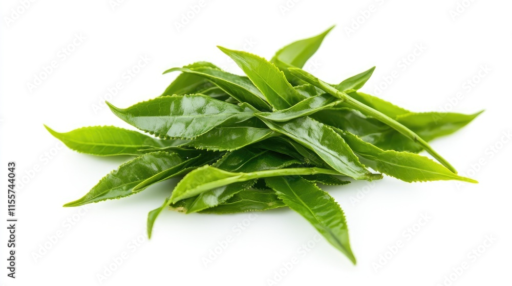 Freshly picked Te Guan Yin leaves for brewing premium green oolong tea arranged on a white background showcasing their vibrant green color.