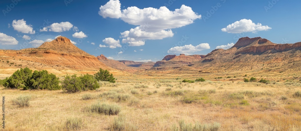 Naklejka premium Majestic desert landscape with vibrant rock formations and clear blue skies showcasing the beauty of nature and its diverse terrains.