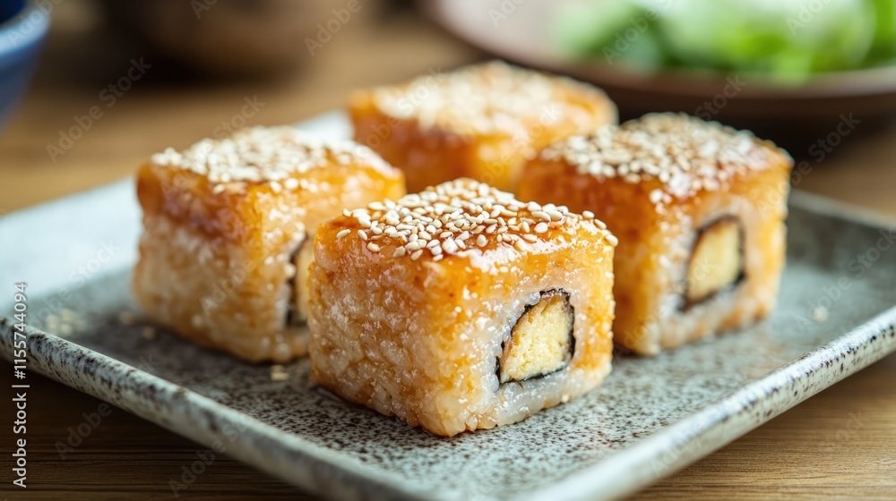 Tamagoyaki Maki with White Sesame Seeds served on a Square Plate Gourmet Japanese Cuisine Delicacy Tamagoyaki Maki with White Sesame Seeds served on a Square Plate Gourmet Japanese Cuisine Delicacy