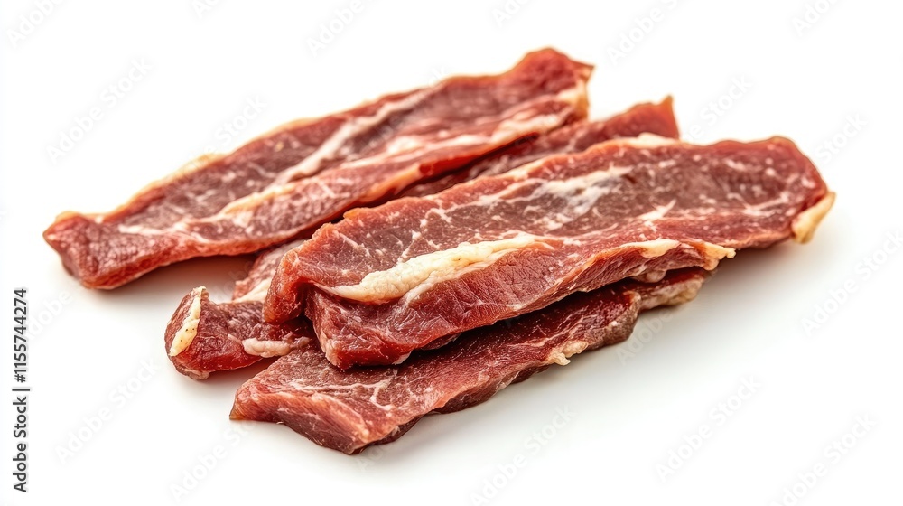 Fresh raw beef slices ready for grilling on a clean white background showcasing meat texture and quality for culinary use Fresh raw beef slices ready for grilling on a clean white background showcasing meat texture and quality for culinary use