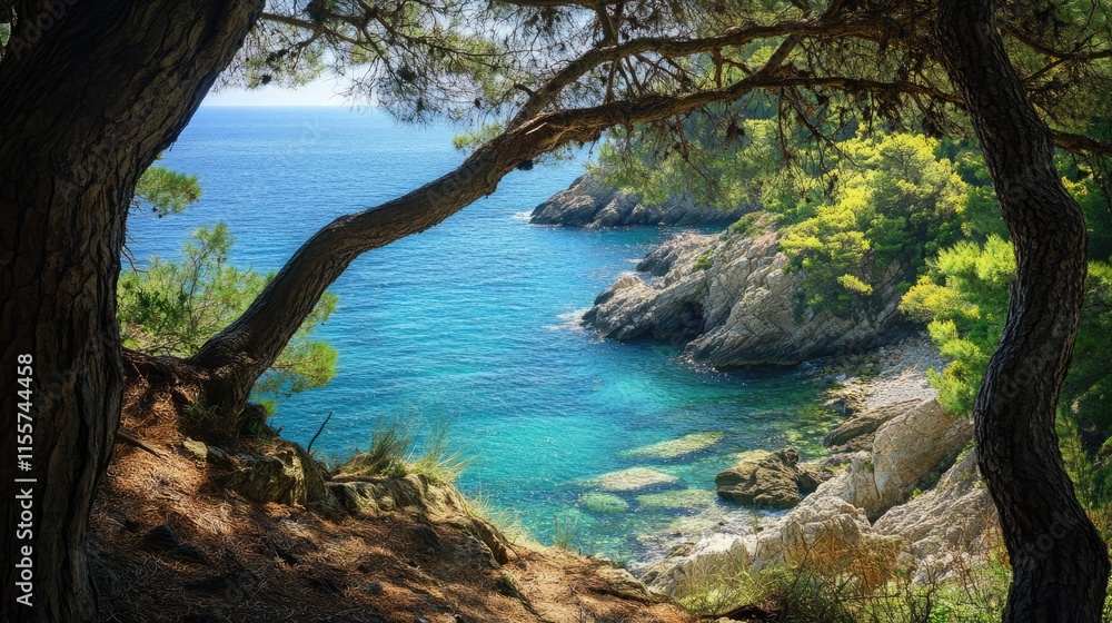 Secluded coastal view framed by trees showcasing serene turquoise waters and lush greenery in a tranquil natural setting Secluded coastal view framed by trees showcasing serene turquoise waters and lush greenery in a tranquil natural setting