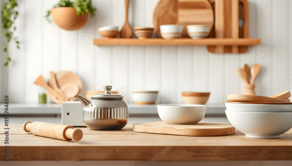 Kitchen background mockup with teepot and cooking, baking utensils rolling pin, cutboard, bowls on the table on white background. Blank space for a text, home kitchen decor concept, blurry foregroun Kitchen background mockup with teepot and cooking, baking utensils rolling pin, cutboard, bowls on the table on white background. Blank space for a text, home kitchen decor concept, blurry foregroun