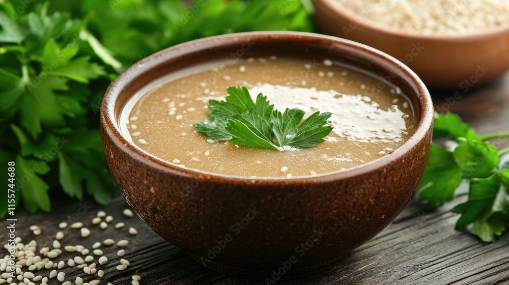 Tahini sauce in a rustic bowl garnished with parsley and sesame seeds on a wooden table, showcasing fresh ingredients for healthy cooking. Tahini sauce in a rustic bowl garnished with parsley and sesame seeds on a wooden table, showcasing fresh ingredients for healthy cooking.