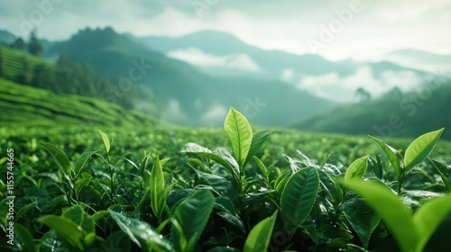 Tea plantation landscape with lush green leaves and misty mountains in the background showcasing nature's beauty and tea cultivation practices