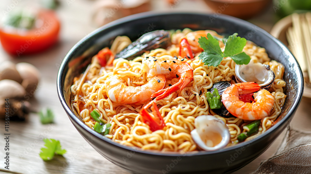 3D image of seafood-flavored instant noodles. 3D image of seafood-flavored instant noodles.