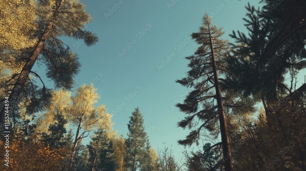 Tall dry pine trees reaching towards a clear blue sky in a serene forest landscape showcasing nature's beauty and resilience Tall dry pine trees reaching towards a clear blue sky in a serene forest landscape showcasing nature's beauty and resilience