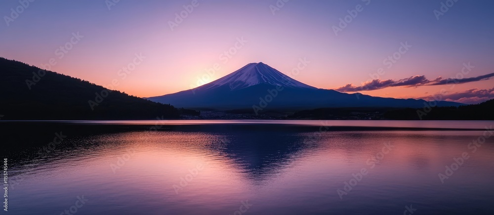 Majestic sunset over a tranquil lake reflecting the silhouette of a mountain during twilight hours Majestic sunset over a tranquil lake reflecting the silhouette of a mountain during twilight hours