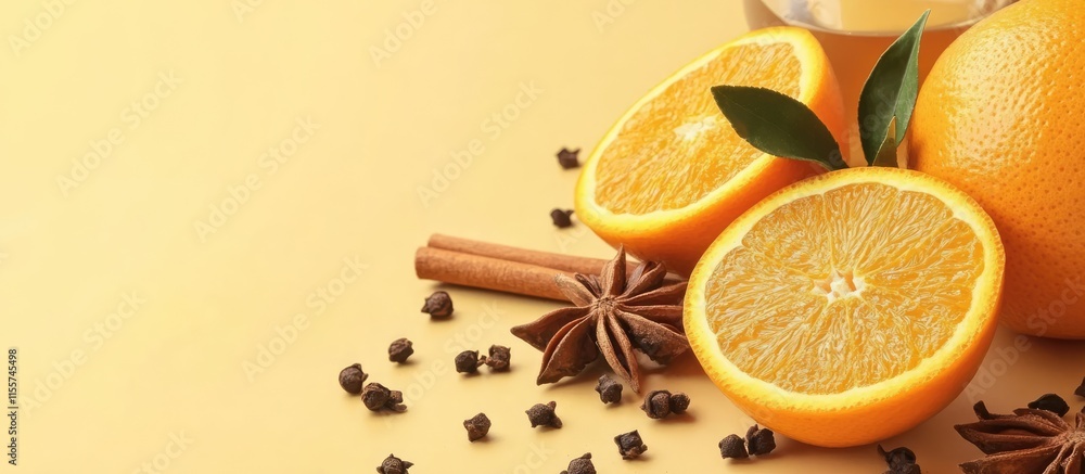 Spiced Tea Display with Fresh Oranges Cinnamon and Star Anise on a Yellow Background Spiced Tea Display with Fresh Oranges Cinnamon and Star Anise on a Yellow Background