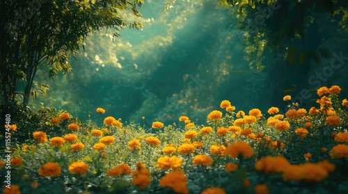 Vibrant marigold flowers in a sunlit garden showcasing the beauty of Tagetes erecta and its lush green surroundings photo