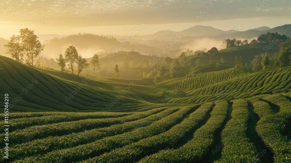 Lush tea plantation landscape under morning light with rolling hills and misty valleys in a tranquil rural setting Lush tea plantation landscape under morning light with rolling hills and misty valleys in a tranquil rural setting