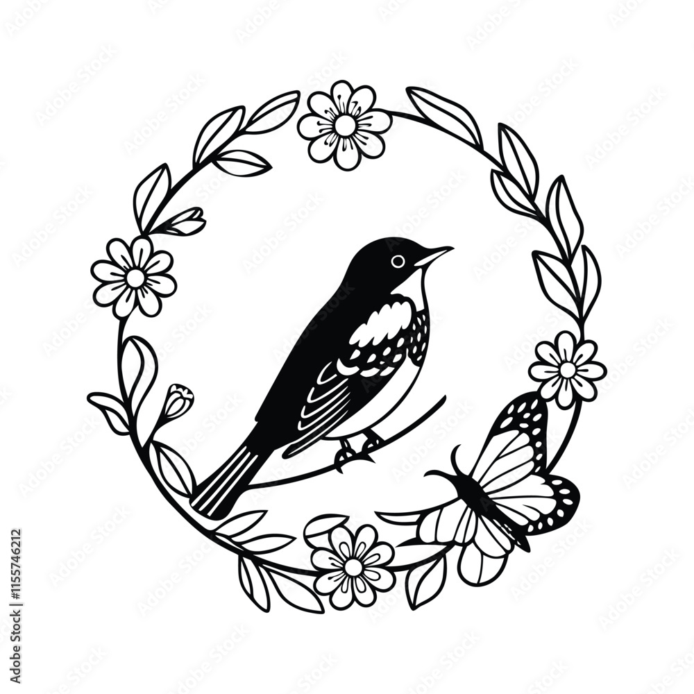 Fototapeta premium A Floral bird line art mandala for kids coloring book on white background. 