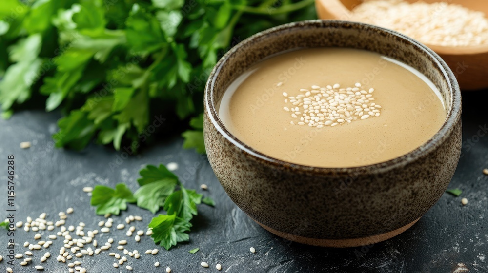 Tahini sauce in a rustic bowl topped with sesame seeds surrounded by fresh parsley and sesame seeds on a dark textured surface Tahini sauce in a rustic bowl topped with sesame seeds surrounded by fresh parsley and sesame seeds on a dark textured surface