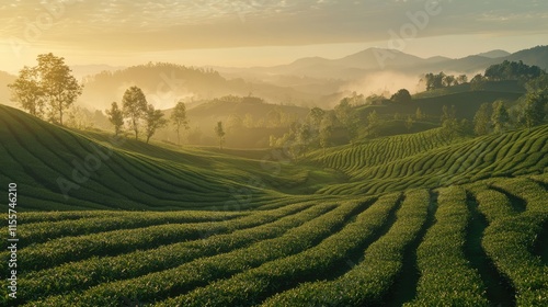 Wallpaper Mural Lush tea plantation landscape under morning light with rolling hills and misty valleys in a tranquil rural setting Torontodigital.ca