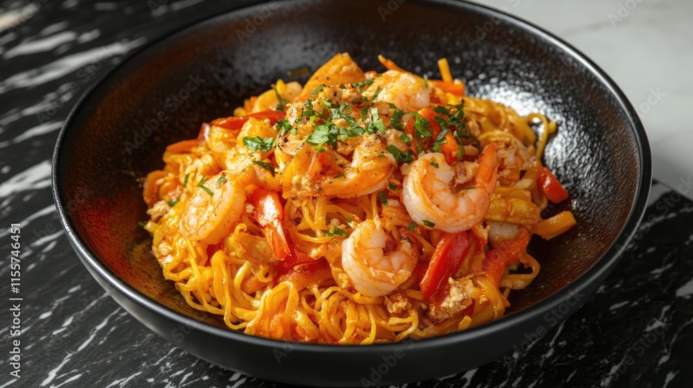 Stir fry noodles with vibrant vegetables and shrimp garnished with herbs in a sleek black bowl viewed from above Stir fry noodles with vibrant vegetables and shrimp garnished with herbs in a sleek black bowl viewed from above