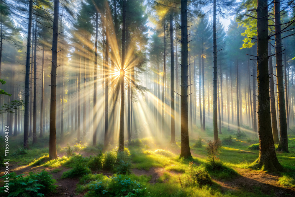Fototapeta premium Sunbeams Piercing Through a Misty Forest Morning