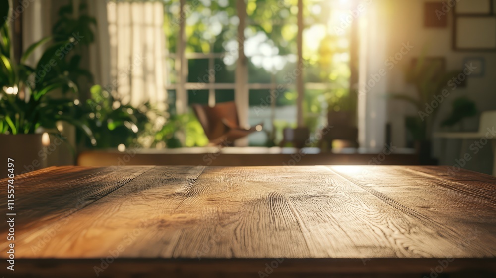 Sunlit Wooden Table With Blurred Background Of Greenery And Cozy Room Interior Sunlit Wooden Table With Blurred Background Of Greenery And Cozy Room Interior