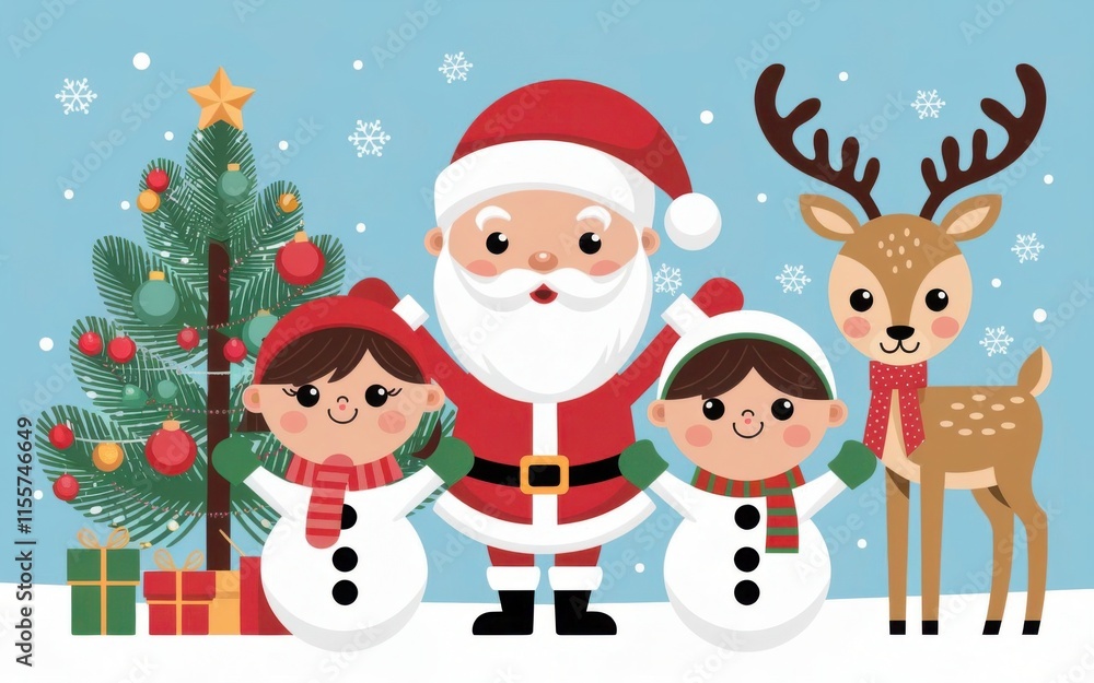 Merry Christmas card with Santa Claus, kids, tree, and deer in snow Merry Christmas card with Santa Claus, kids, tree, and deer in snow
