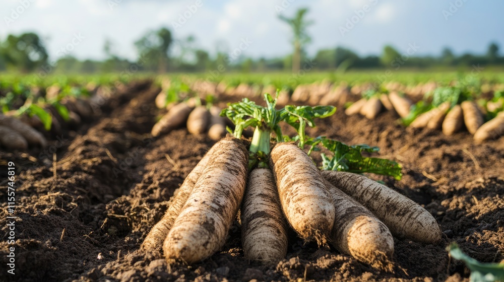 Fototapeta premium Tapioca roots harvested in agricultural field showcasing cassava cultivation under clear sky with lush greenery in the background
