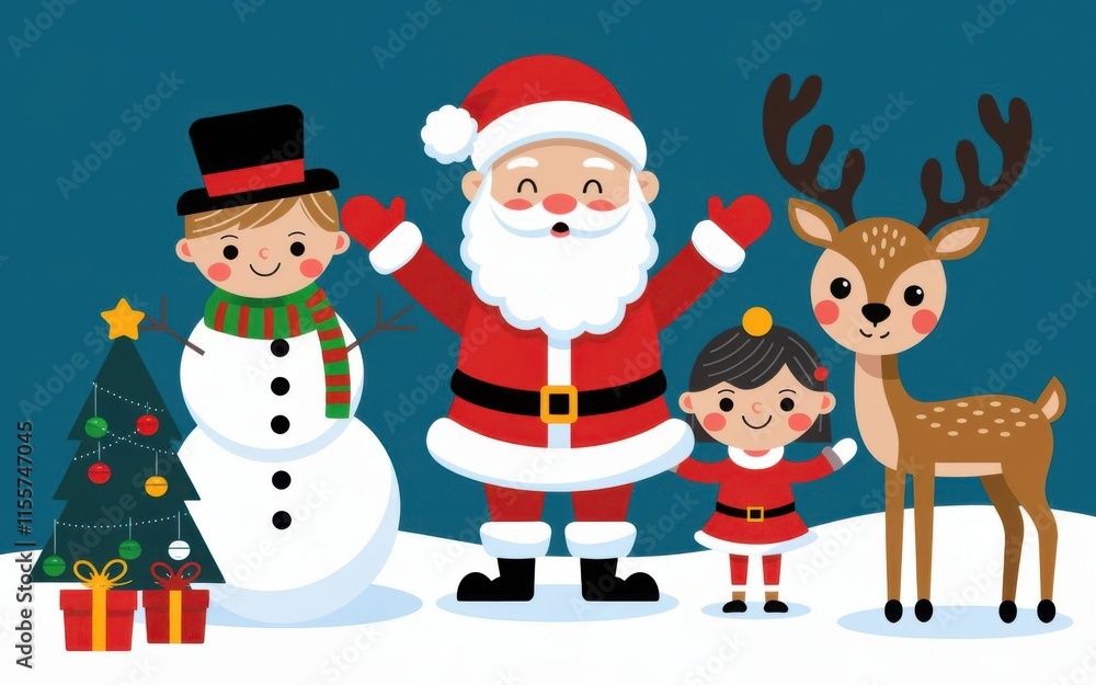 Merry Christmas card with Santa Claus, kids, tree, and deer in snow Merry Christmas card with Santa Claus, kids, tree, and deer in snow