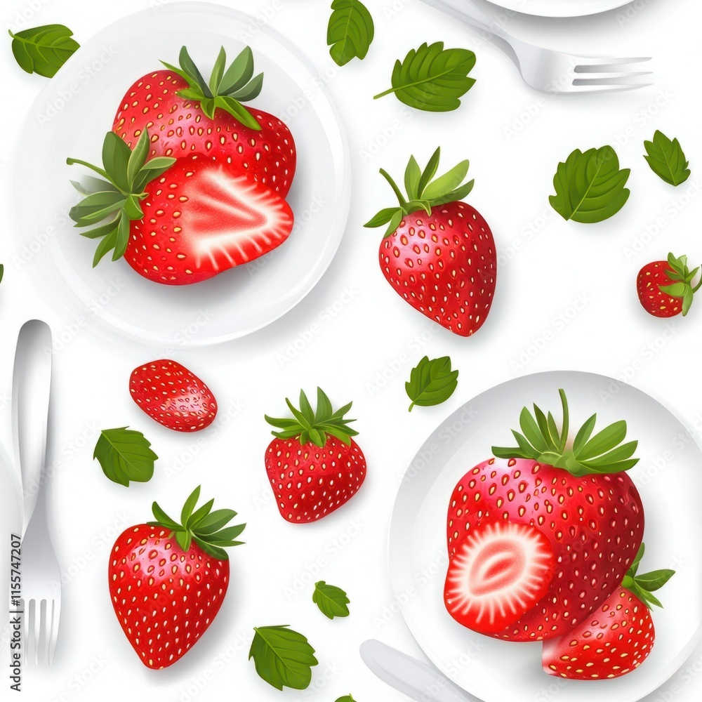 Fresh and Juicy Strawberries on White Plates Surrounded by Green Leaves and Cut Fruit Perfect for Healthy Eating and Summer Desserts Fresh and Juicy Strawberries on White Plates Surrounded by Green Leaves and Cut Fruit Perfect for Healthy Eating and Summer Desserts