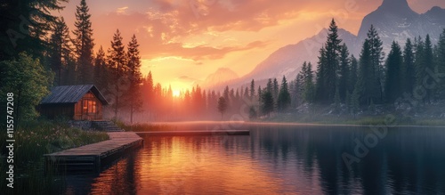 Fototapeta Naklejka Na Ścianę i Meble -  Serene sunset over a tranquil lake reflecting mountains and forest ambiance with warm colors and cozy cabin in the foreground.