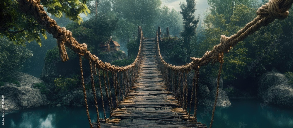 Fototapeta premium Rope bridge crossing a serene river in a lush forest setting surrounded by nature’s tranquility and vibrant greenery