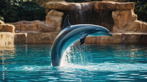 Dolphin leaping out of water showcasing its tail fin in a vibrant aquatic setting with natural rock formations in the background photo