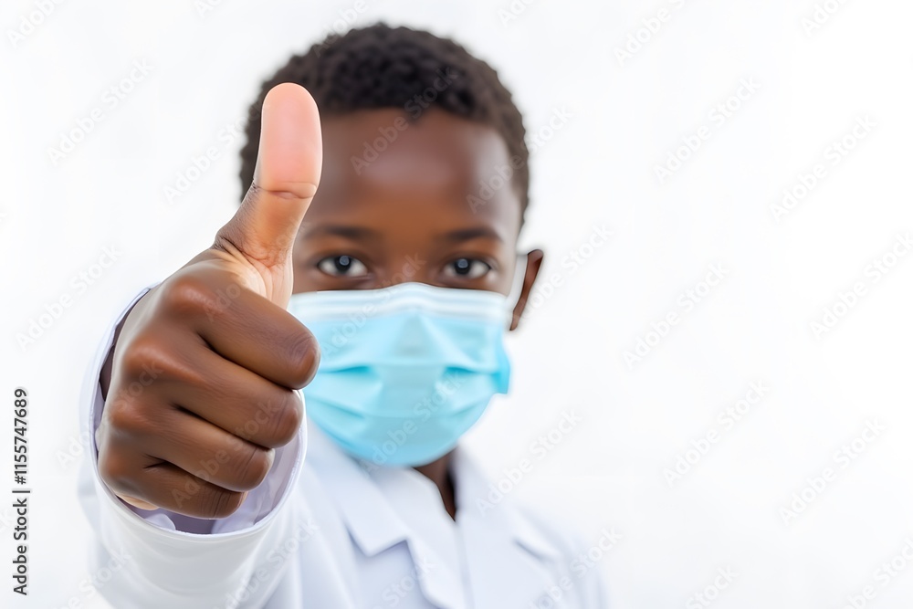 African child in mask giving thumbs up gesture in medical attire African child in mask giving thumbs up gesture in medical attire