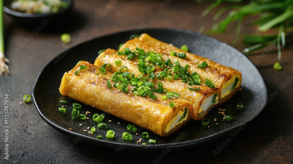 Tamagoyaki sweetened egg roll garnished with green onion served on a black plate against a dark stone backdrop Tamagoyaki sweetened egg roll garnished with green onion served on a black plate against a dark stone backdrop