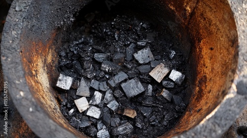Creosote buildup in a wood fuel boiler showcasing black tar deposits and charred wood remnants in a solid fuel combustion chamber